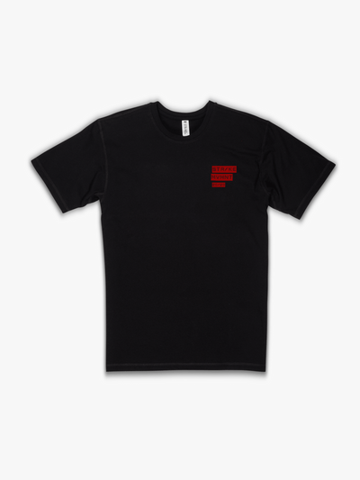 Strike Movement Timeless Vented T-Shirt with 20/20 Vision print in Phantom Black and Red front view