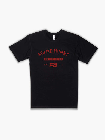 Strike Movement Timeless Vented Tee with United By Motion print in Phantom Black and Red front view