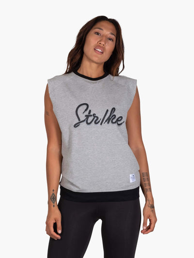 STRIKE MVMNT women’s Fame Crewneck Workout Sweatshirt with Laced print.